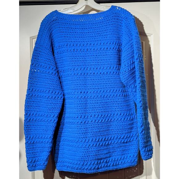 Hand Made Crocheted Loose Knit Nautical Blue Crew Neck Sweater Size Approx. L - Picture 6 of 6